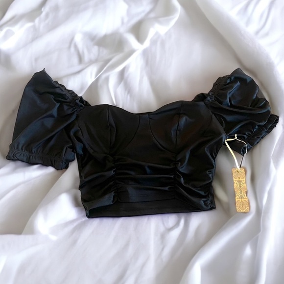 Iris Basic Tops - IRIS BASIC BLACK SILKY OFF THE SHOULDER RUCH CROP TOP